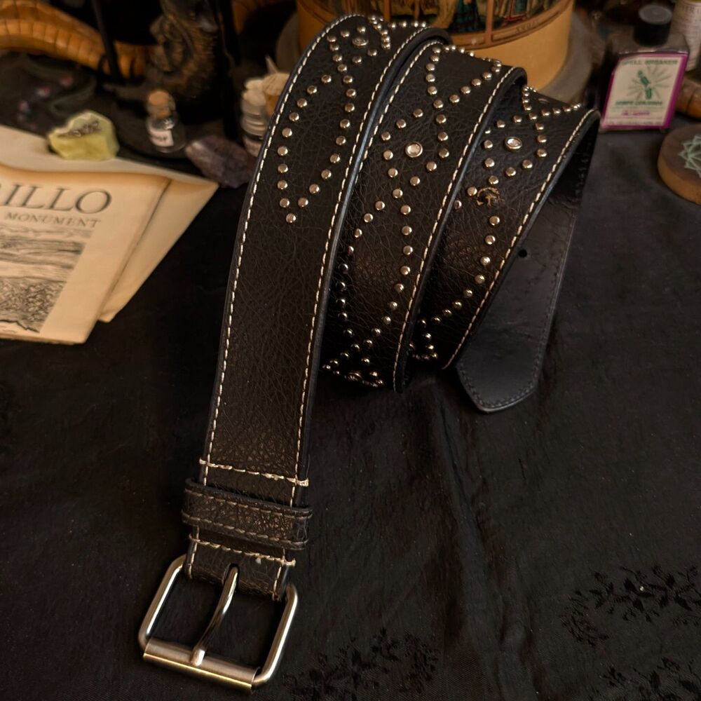 Leather Rhinestone Studded Belt Women's XL Black Silver